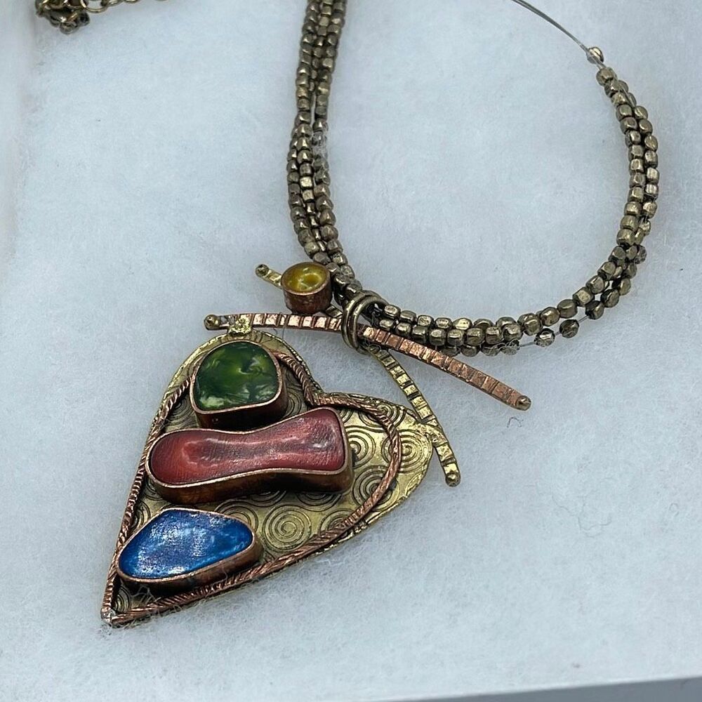 Artisan brass heart inlay multi strand necklace